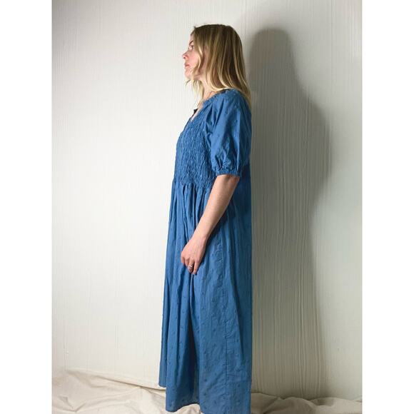 MNG Cotton Blue Smocked Puff Sleeve Maxi Dress NWT US 8 - Picture 8 of 12